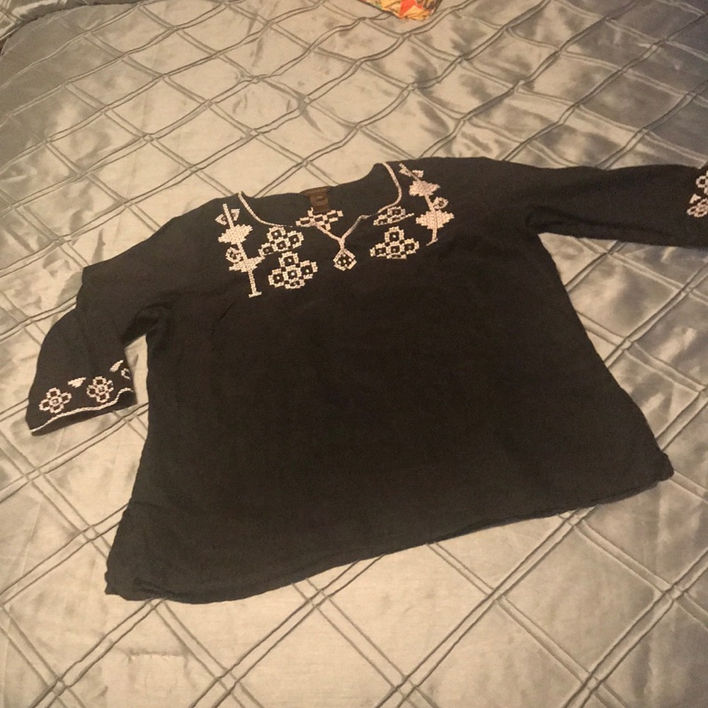 Black top with white embroidery & rhinestones